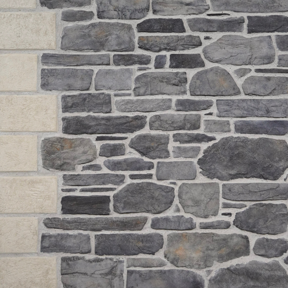 Untitled (1000 x 1000 px) Stone wall made of irregular gray stones with a beige stone column along the left edge.